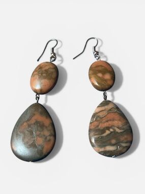 Rainforest Jasper Earrings Teardrop Shape Dangle Silver Tone Hardware
